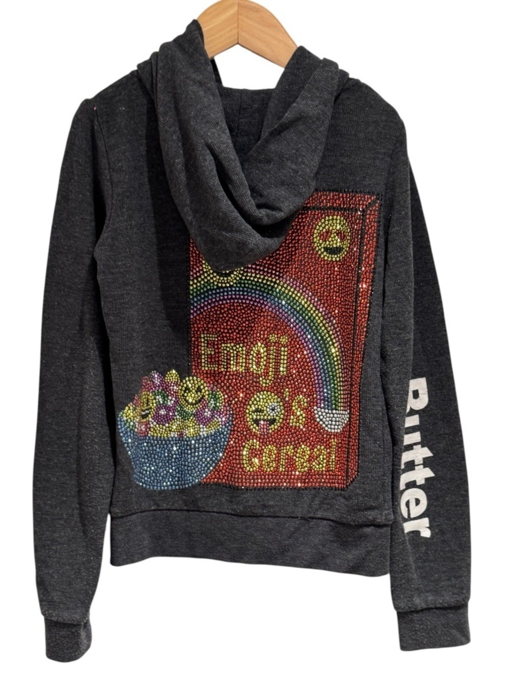 BUTTER grey hoodie sweatshirt with gem embellishments - size small (approx 6)